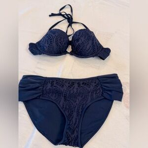 Aerie Blue Swim Hipster with Perkier Push-up Halter Top and Ruching